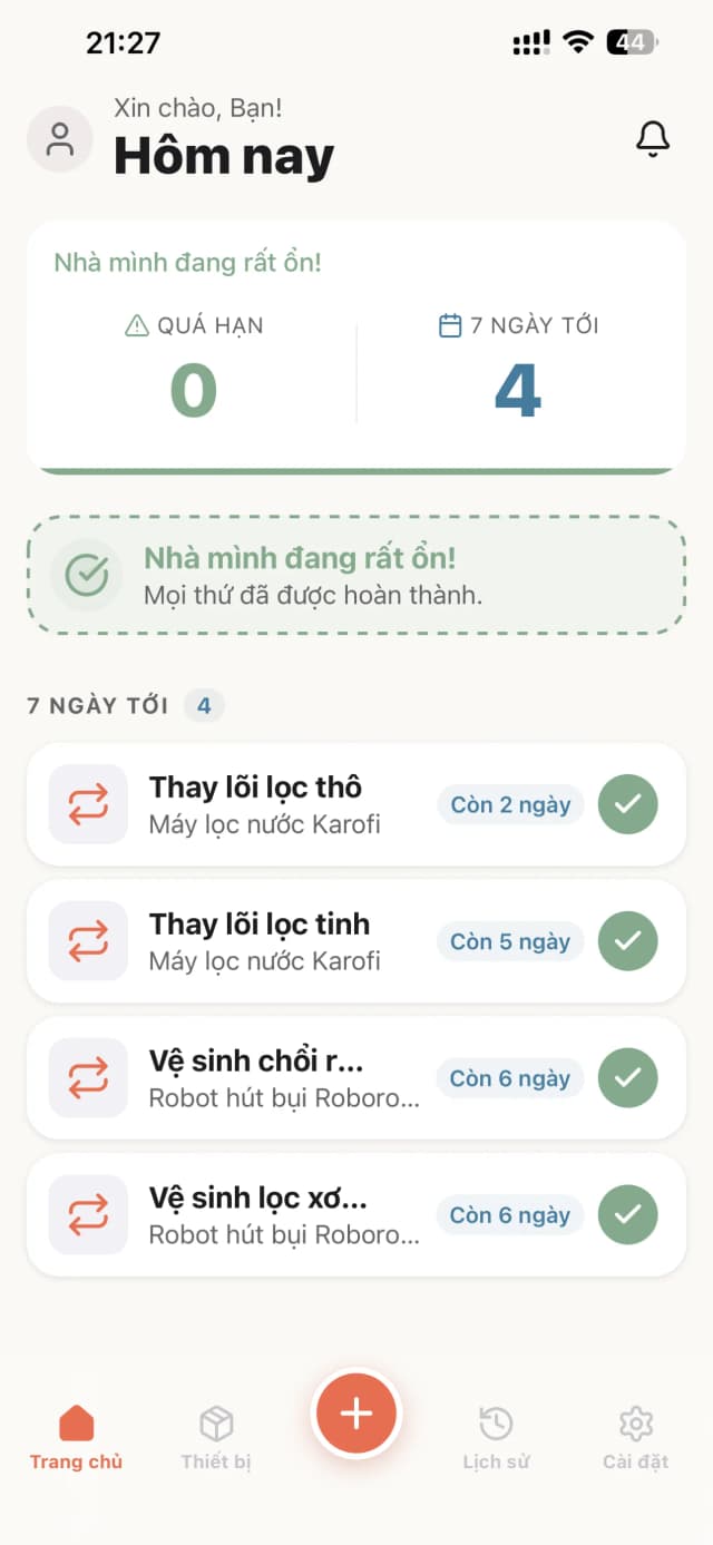 Màn hình chính — tất cả việc đã hoàn thành