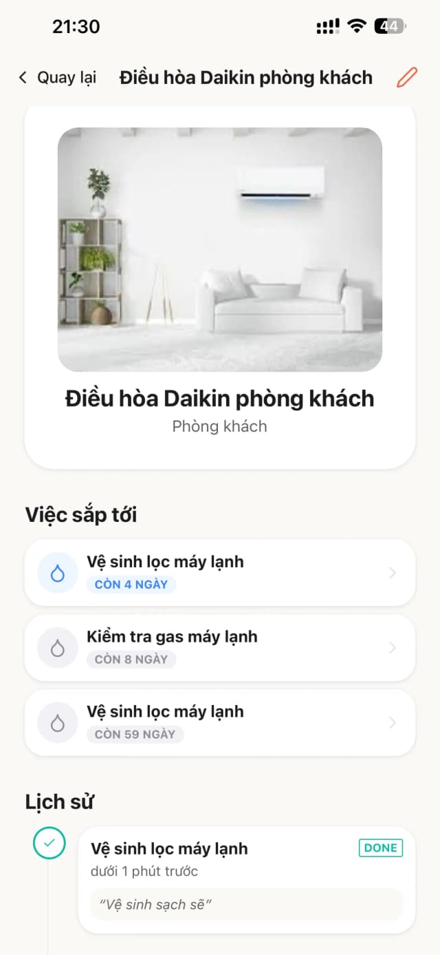 Chi tiết thiết bị với lịch sử bảo trì