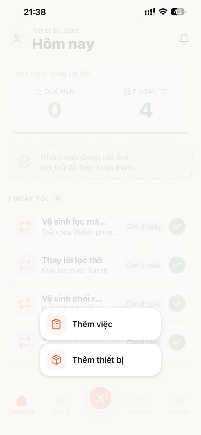 Menu tạo nhanh việc mới và thiết bị