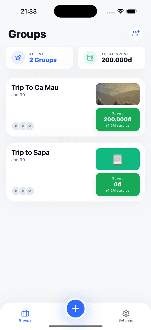 Group list screen with balance indicators