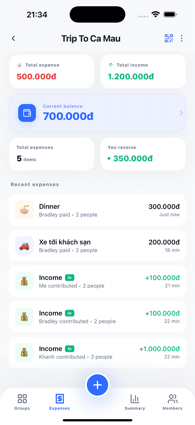Group detail - Home with expense list