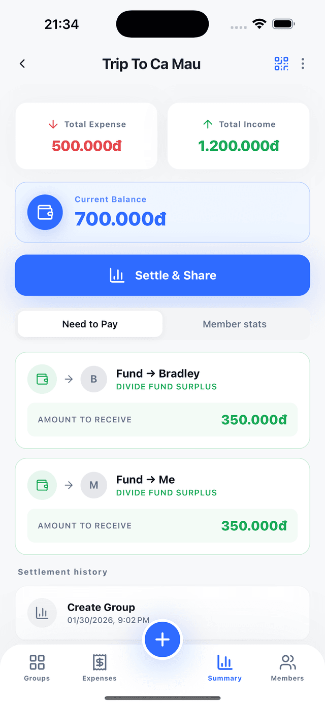Group expense summary with charts
