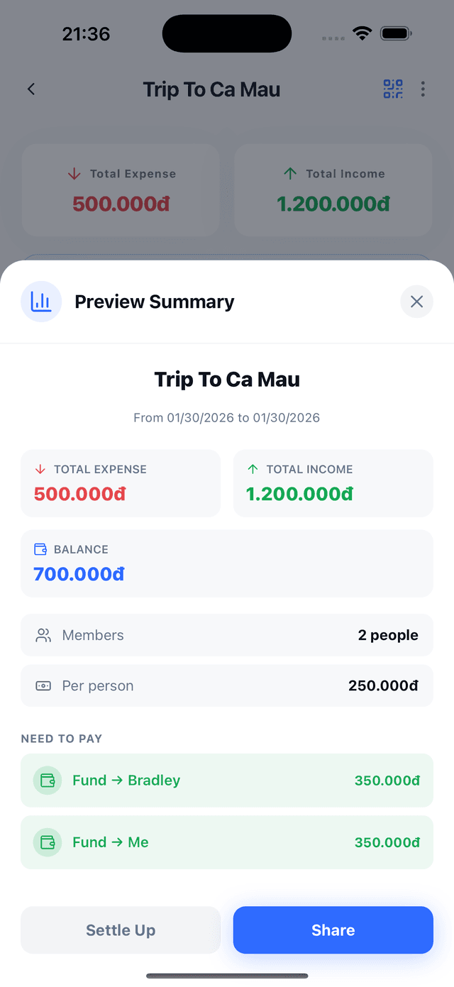 Settlement screen with optimized transfer suggestions